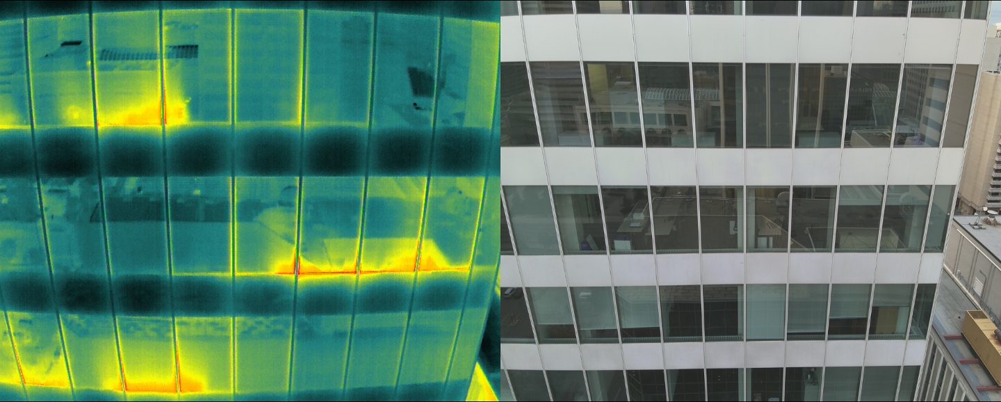 Drone infrared thermography of the south facade beside the same view in visible light